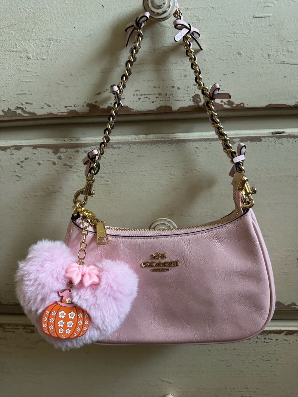 Halloween Baby Pink Bow Pink Pom Pom Bag Charm Keychain with Pumpkin
